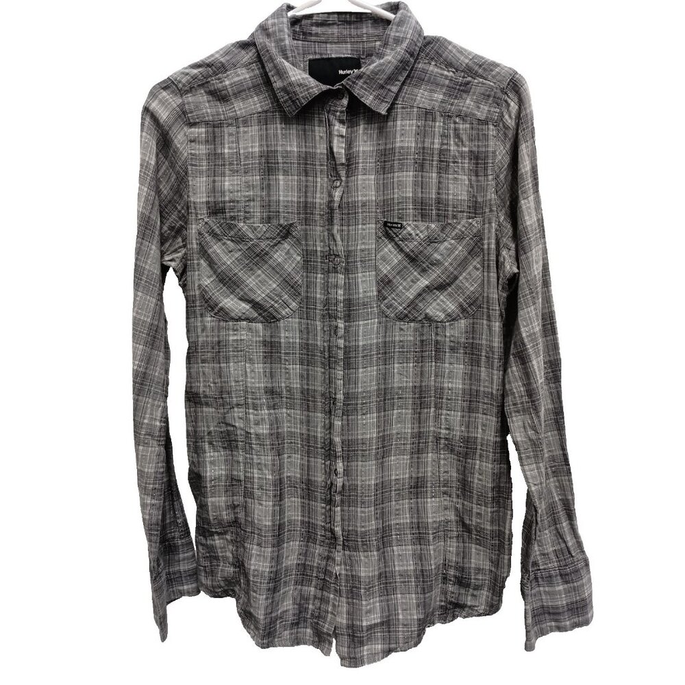 VTG Y2K Hurley X Women Shirt Medium Streetwear Grunge Gray Plaid Smocked Back